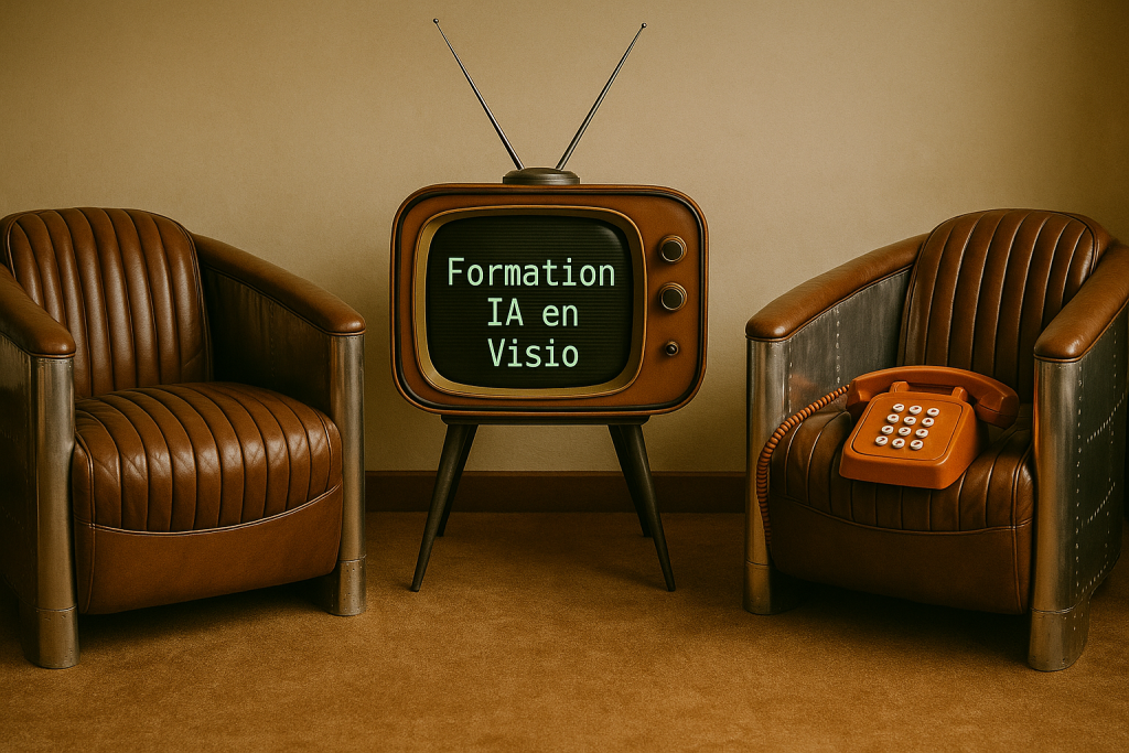 Téléviseur vintage affichant 'Formation IA en Visio' entre deux fauteuils rétro en cuir, avec un téléphone orange posé sur l’un d’eux, illustrant une formation à distance en intelligence artificielle dans un cadre chaleureux et accessible.