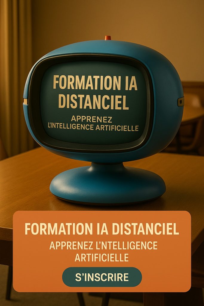 Téléviseur rétro bleu affichant 'Formation IA Distanciel – Apprenez l’intelligence artificielle', posé sur une table dans une salle, accompagné d’un encart orange invitant à s’inscrire à la formation en ligne.