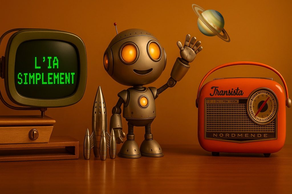 Illustration rétro-futuriste d’un robot souriant levant la main à côté d’une télévision vintage affichant 'L’IA simplement', d’une fusée argentée et d’un poste radio orange, symbolisant l’intelligence artificielle rendue simple et accessible.