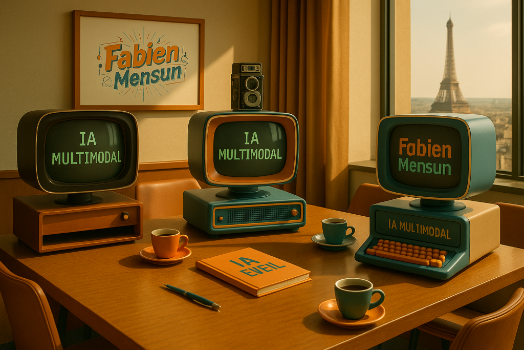 Salle de réunion rétro-futuriste avec trois écrans d’ordinateurs vintage affichant 'IA Multimodal' et 'Fabien Mensun', accompagnés de tasses à café et d’un carnet intitulé 'IA Éveil', avec vue sur la tour Eiffel, symbolisant l’apprentissage de l’intelligence artificielle dans un cadre accessible et convivial.