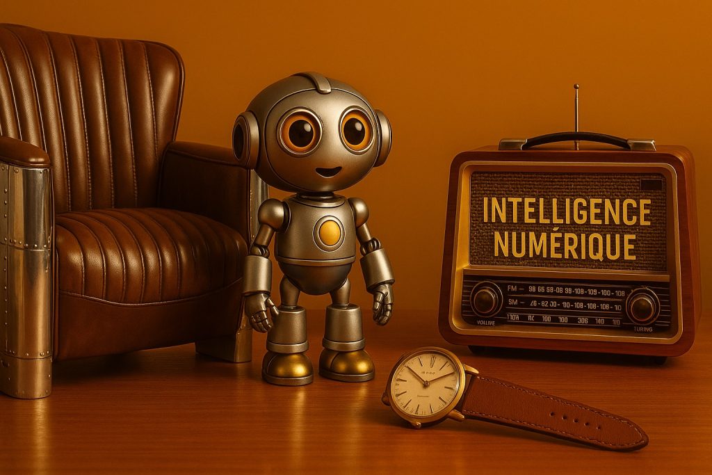 Petit robot argenté au style rétro posé à côté d’un fauteuil en cuir brun et d’une radio vintage affichant 'Intelligence Numérique', avec une montre-bracelet posée sur la table en bois.