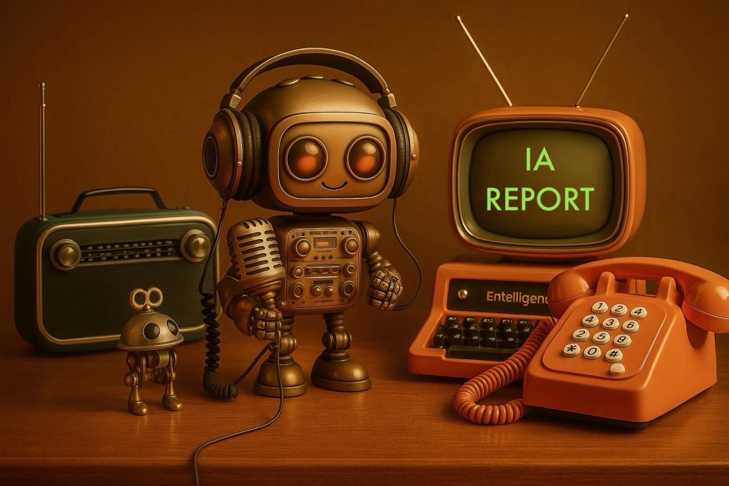Robot vintage en cuivre tenant un micro et portant un casque audio, entouré d’un poste radio, d’un téléphone rétro orange et d’un ordinateur à écran cathodique affichant 'IA Report', symbolisant l’intelligence artificielle expliquée sous forme de chronique et de veille technologique.