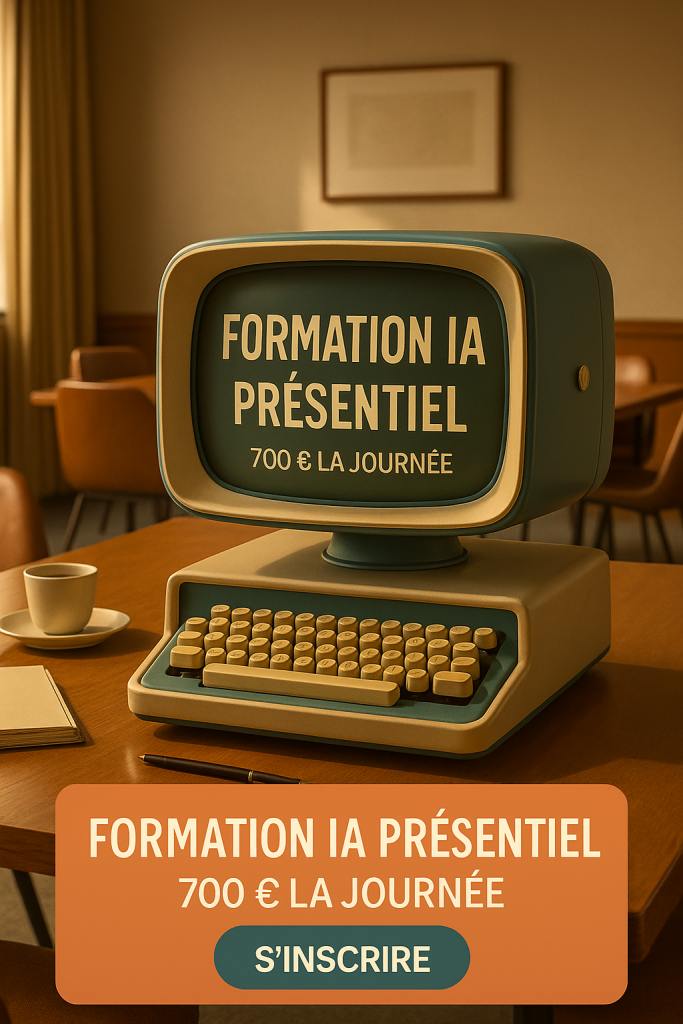Ordinateur rétro affichant sur son écran 'Formation IA Présentiel', posé sur une table avec tasse de café et carnet, invitant à s’inscrire à une formation en intelligence artificielle en présentiel.