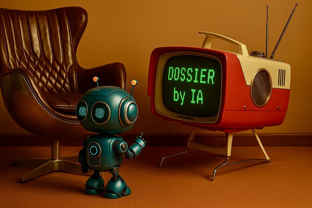 Illustration rétro-futuriste d’un petit robot regardant un écran de télévision vintage affichant le texte vert ‘Dossier by IA’. Cette image met en avant l’intelligence artificielle et la création de dossiers automatisés, dans un style années 60, associant innovation numérique et design rétro.