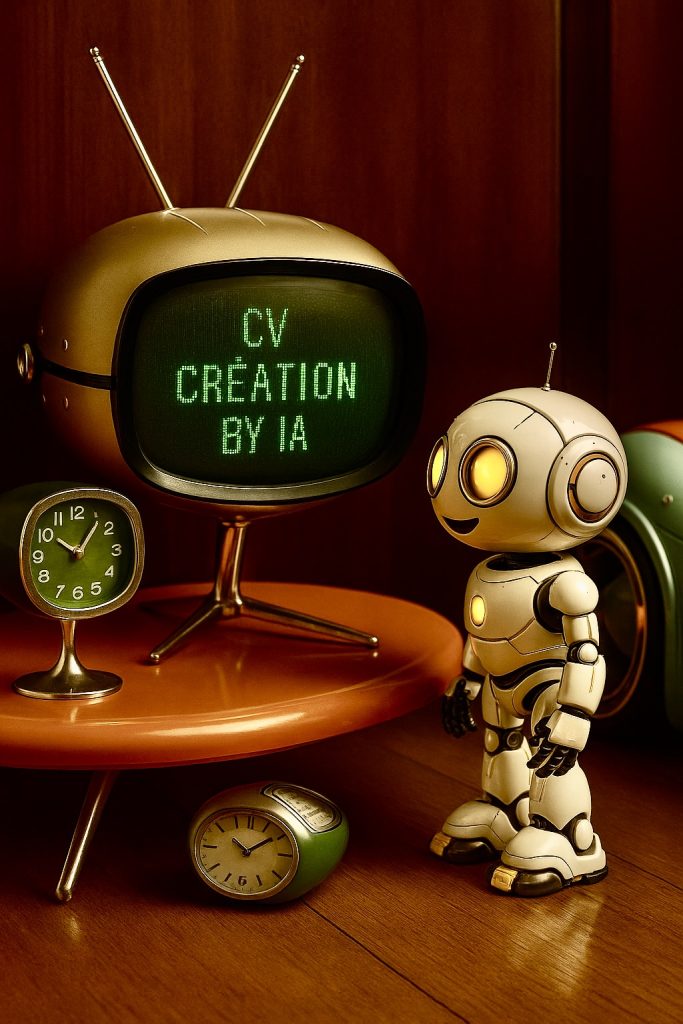 Petit robot rétro-futuriste années 60 observant un écran de télévision vintage affichant en lettres vertes façon Matrix « CV Création by IA ». Illustration réaliste et originale pour représenter la création de CV assistée par intelligence artificielle.