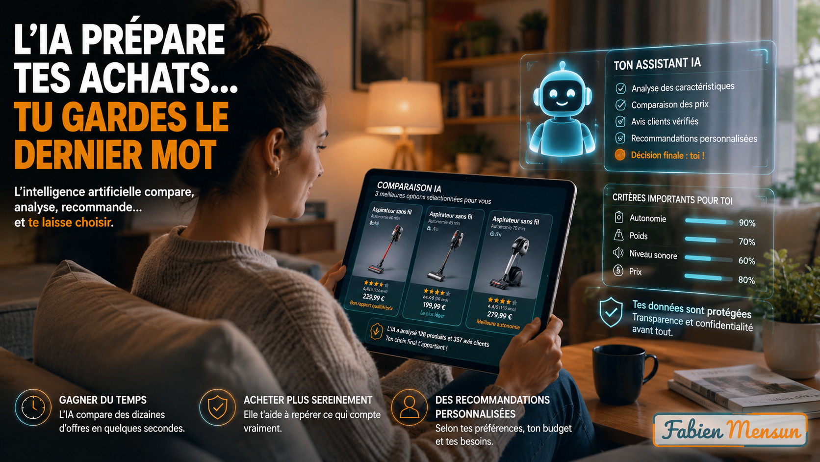 Assistant shopping IA comparant plusieurs produits sur une tablette pendant qu’une personne garde la décision finale.