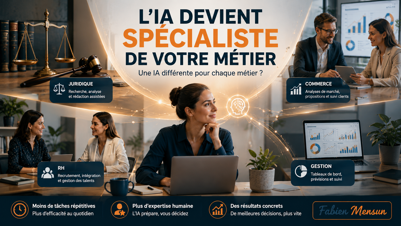 Illustration de l’intelligence artificielle spécialisée par métier avec les domaines juridique, commerce, ressources humaines et gestion